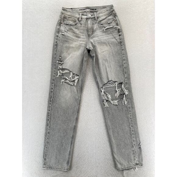 American Eagle Jeans Women's 00 90s Straight Gray Denim Distressed Mid Rise‎ Y2K - Picture 1 of 14